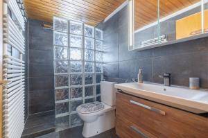 ein Badezimmer mit Toilette und Waschbecken in der Unterkunft Sara in Axalp