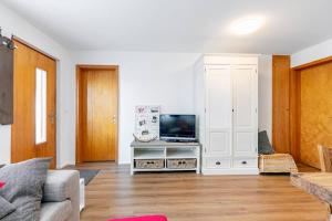 a living room with a couch and a tv at Schwabhorn in Axalp