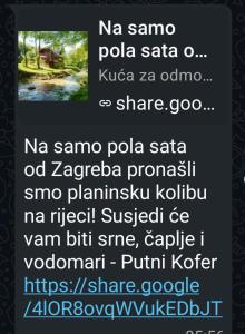 a screenshot of a text message with the words na same pola saa at Kuća za odmor uz rijeku Slapnica, u Parku prirode Žumberak, finska sauna i jacuzzi in Krašić