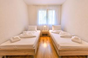 two twin beds in a room with a window at Schilthorn Apartment - Aare Jungfrau AG in Wilderswil