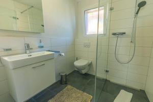a bathroom with a toilet and a sink and a shower at Schilthorn Apartment - Aare Jungfrau AG in Wilderswil