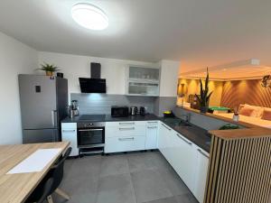 a kitchen with white cabinets and a stainless steel refrigerator at Studio Etoile Elegance in Bartenheim +3 photos
