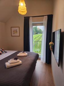 a bedroom with a bed with two towels on it at Winnica Tenczyn in Grojec