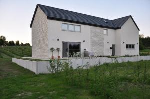 a white house with a black roof in a field at Winnica Tenczyn in Grojec