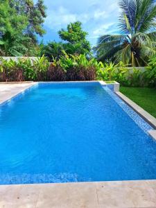 a swimming pool with blue water in a yard at Maison Orita in Nosy Be