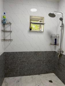 a bathroom with a shower with a window at 名宿 395 Hostel in Bishkek