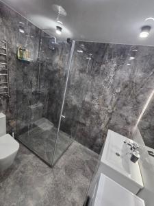 a bathroom with a shower and a toilet and a sink at Апартаменты возле отеля Украина in Chernihiv