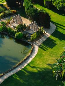 two benches sitting next to a pond in a park at Falésia Hotel - Adults Only in Albufeira +114 photos