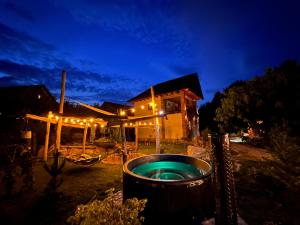 a house with a bucket in the yard at night at Stone House Bran in Bran