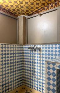 a bathroom with a shower with blue and white tiles at Arabian Desert Home in Aït Mazou +37 photos