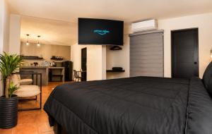 a bedroom with a bed with a tv on the wall at Oros Jalatlaco in Oaxaca City