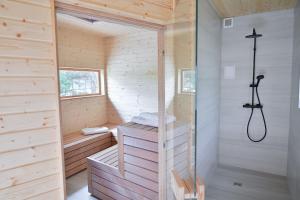 a sauna with a shower in a wooden house at Grajski oddih in Cerklje na Gorenjskem +70 photos
