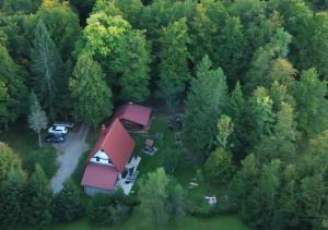 an aerial view of a house in the middle of a forest at Kuća za odmor Curl in Delnice +7 photos