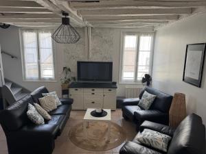 a living room with couches and a flat screen tv at Le Marais Vous - Duplex en centre-ville. in Provins