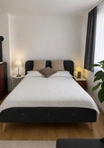 a bed in a bedroom with two lamps and a plant at Studio apartman Katja in Karlovac