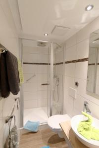 a bathroom with a shower and a toilet and a sink at Gästehaus Ainser in Hagnau +46 photos