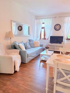 a living room with a couch and a tv at Farma P&P Apartmány in Vrchovany