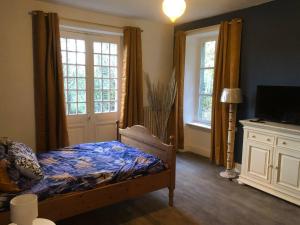 a bedroom with a bed and a tv and windows at Manoir du Moulin Fleury in Villedieu-les-Poêles