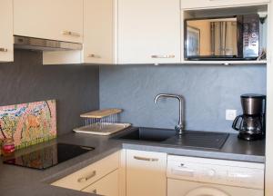 a kitchen with a sink and a counter top at Appartement convivial à Gassin 37 m² avec vue sur la mer in Gassin
