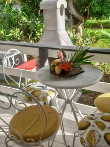 a table with a plant on it next to two chairs at Bungalow cosy à Sainte-Rose, piscine et vue sur jardin. in Sainte-Rose