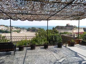 a patio with potted plants and a view of the ocean at Sea View Apartment Ulcinj 80 m² in Ulcinj