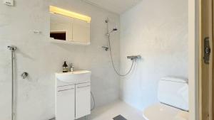 a white bathroom with a toilet and a shower at Tahko North Lodge B 5 in Kuopio +22 photos