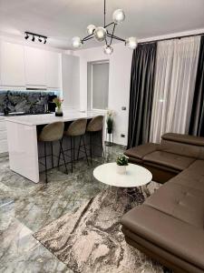 a kitchen and living room with a couch and a table at Adinna Residence in Giroc