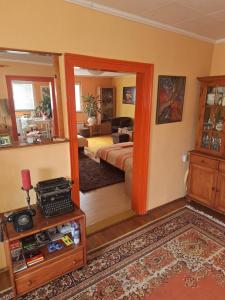 a living room with a bed and a mirror at Modern&Cozy Bosnian house with GARDEN+FREE parking in Sarajevo