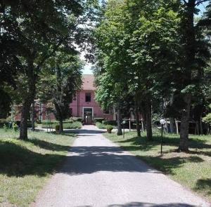 una carretera que conduce a un edificio rosa con árboles en Country House Villa delle Rose Agriturismo, en Rionero in Vulture