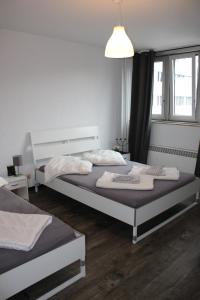 ein Schlafzimmer mit zwei Betten und einem Fenster in der Unterkunft Hostel Cologne in Köln + 4 Fotos