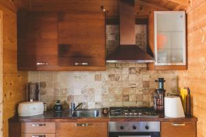 a kitchen with wooden cabinets and a sink at Cozy Chalet in Castell'Arquato 90 m² with Private Pool in CastellʼArquato