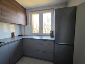 a kitchen with a black refrigerator and a window at Majowy in Siedlce