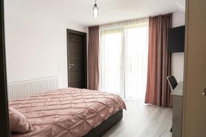 a bedroom with a bed and a large window at Casa Andrei Guesthouse in Bărăşti