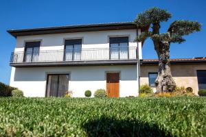 a white house with a tree in front of it at Cosy Chalet in Várzea with Private Pool in Várzea
