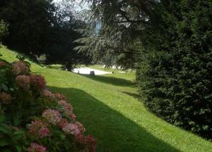 a green lawn with trees and flowers in a park at Manoir majestueux à Satillieu avec piscine privée in Satillieu