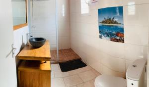 a bathroom with a toilet and a picture on the wall at Villa élégante à Anse-Bertrand avec piscine in Anse-Bertrand