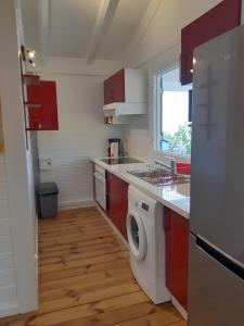 a kitchen with a washing machine and a sink at Villa élégante à Bouillante avec piscine privée in Bouillante