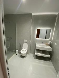 a white bathroom with a toilet and a sink at Villa SkyWay in Krujë +22 photos