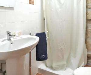 ein weißes Badezimmer mit Waschbecken und Dusche in der Unterkunft Cozy studio with mountain view - 20 m² - Águeda in Urgueira + 46 Fotos