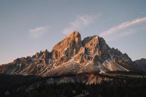 a large mountain with trees in front of it at Ütia De Börz in San Martino in Badia
