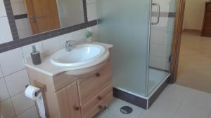 a bathroom with a sink and a shower at Spacious house in Aldeia dos Pinheiros with pool in Azeitao +58 photos