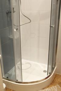 La salle de bains est pourvue d'une douche avec une porte en verre. dans l'établissement Studio Plac Zdrojowy, à Jelenia Góra