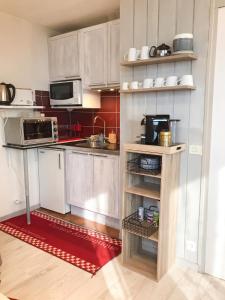 a small kitchen with white cabinets and a red rug at Studio chaleureux à Uvernet-Fours, 25m² avec vue montagne in Uvernet