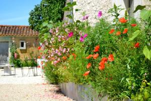 a garden with red and pink flowers next to a building at Maison spacieuse à Cabariot in Cabariot