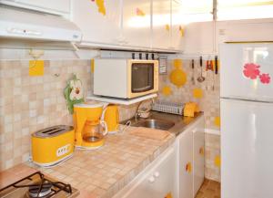 a kitchen with a sink and a microwave at Studio cocooning à Saint Anne / 27 m² / jardin fleuri in Sainte-Anne