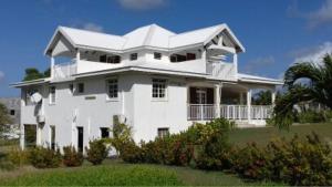 a large white house with a palm tree at Appartement charmant à Petit-Canal in Petit-Canal
