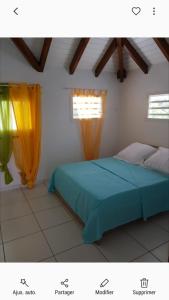 a bedroom with a blue bed and two windows at Appartement charmant à Petit-Canal in Petit-Canal