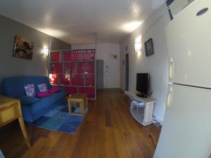 a living room with a blue couch and a tv at Studio charmant Le Moule 35m² + balcon in Le Moule