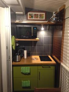 a small kitchen with green cabinets and a microwave at Studio charmant Le Moule 35m² + balcon in Le Moule
