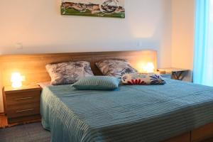 a bedroom with a bed with two pillows on it at Charming Villa near Žminj with Private Pool in Žminj +29 photos